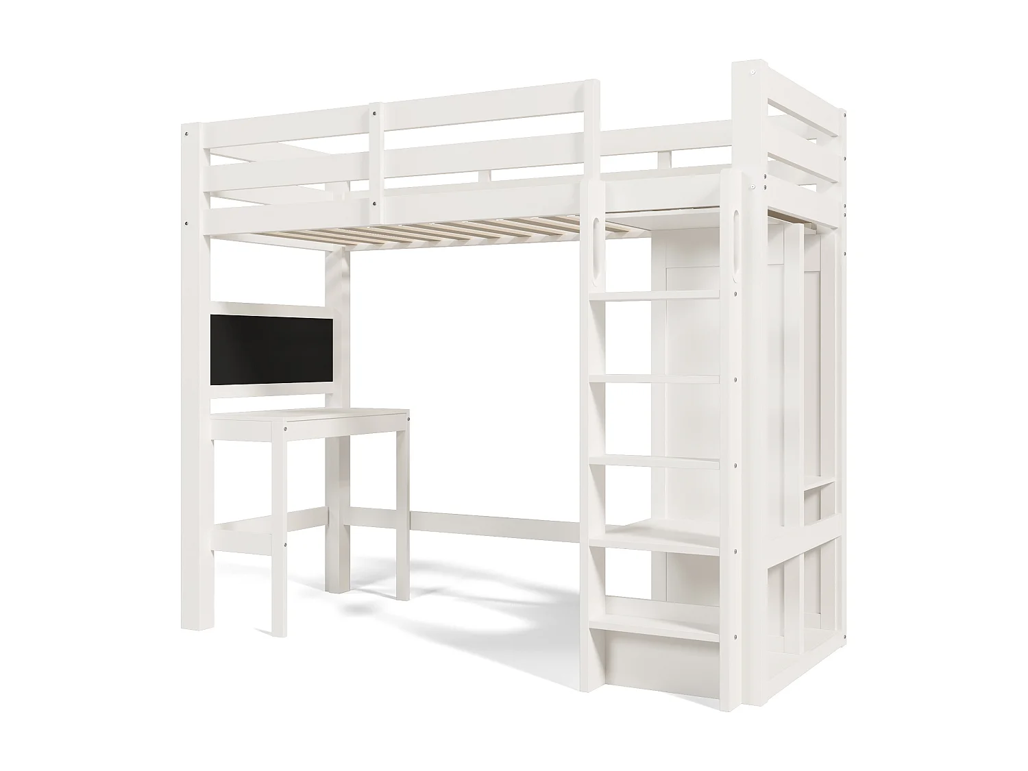 Lit mezzanine enfant 90x200 cm avec bureau , penderie ouverte et étagères - Bois blanc