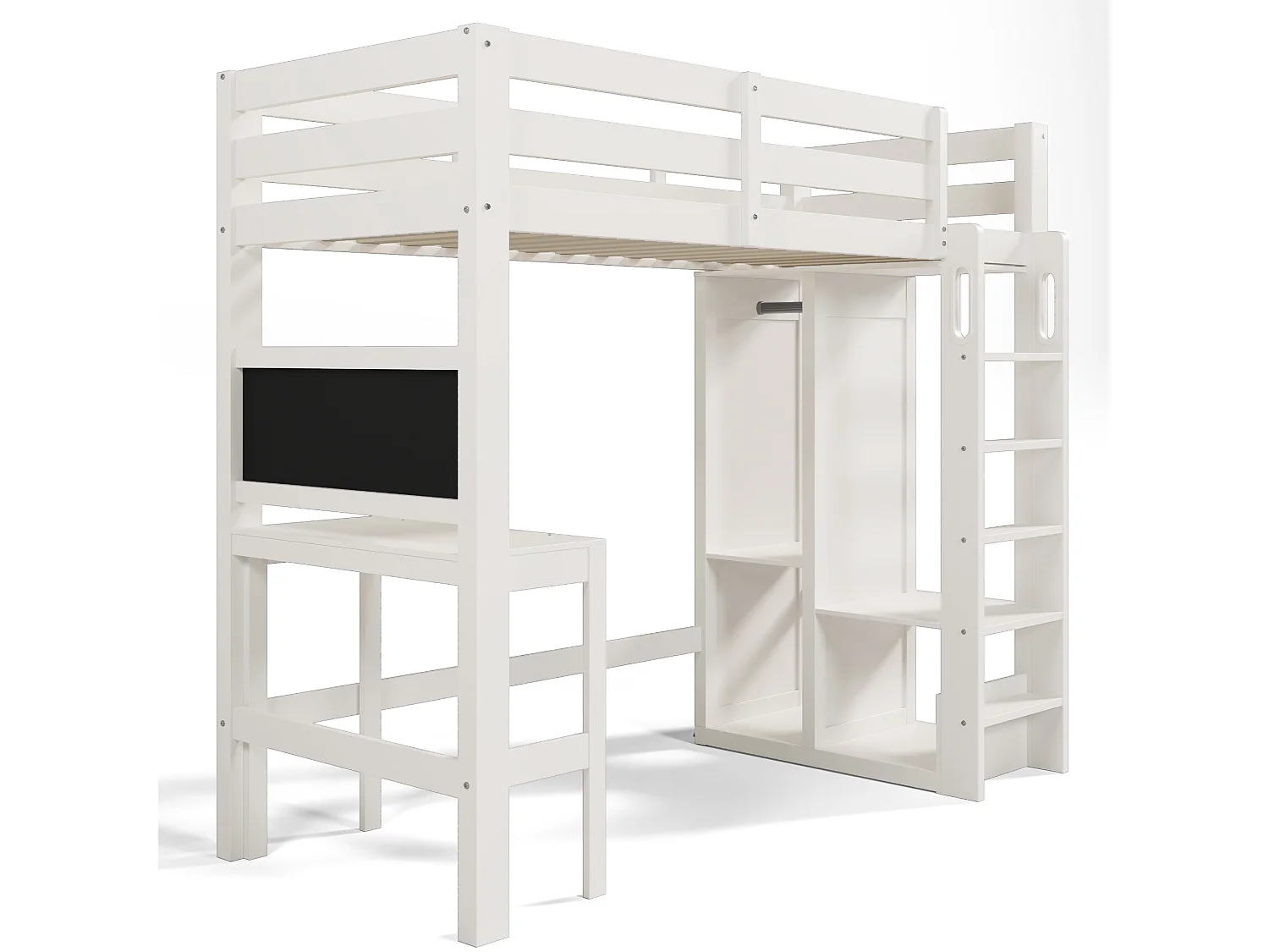 Lit mezzanine enfant 90x200 cm avec bureau , penderie ouverte et étagères - Bois blanc