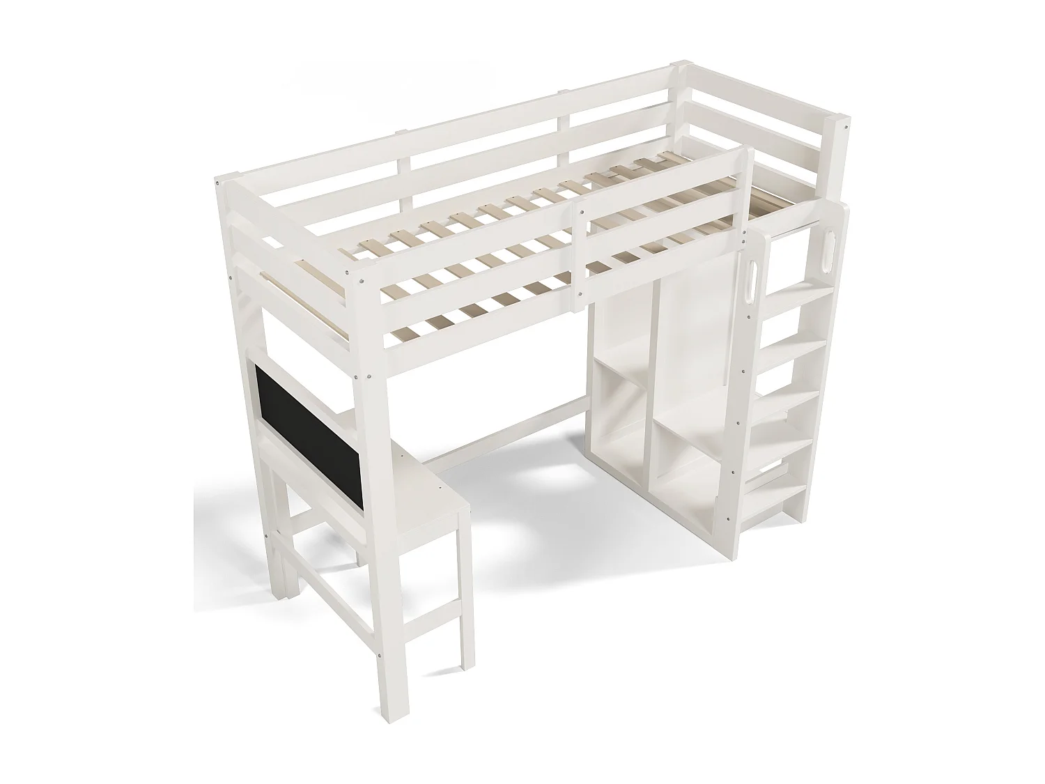 Lit mezzanine enfant 90x200 cm avec bureau , penderie ouverte et étagères - Bois blanc
