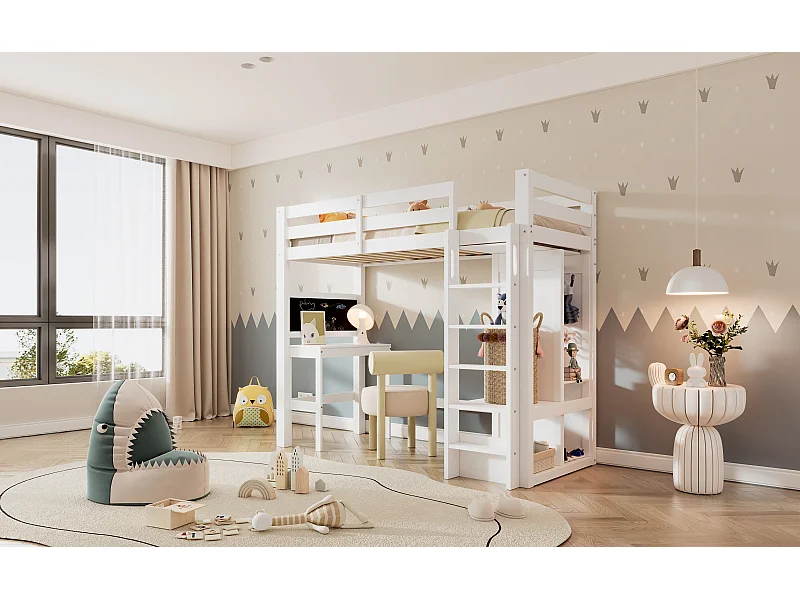 Lit mezzanine enfant 90x200 cm avec bureau , penderie ouverte et étagères - Bois blanc