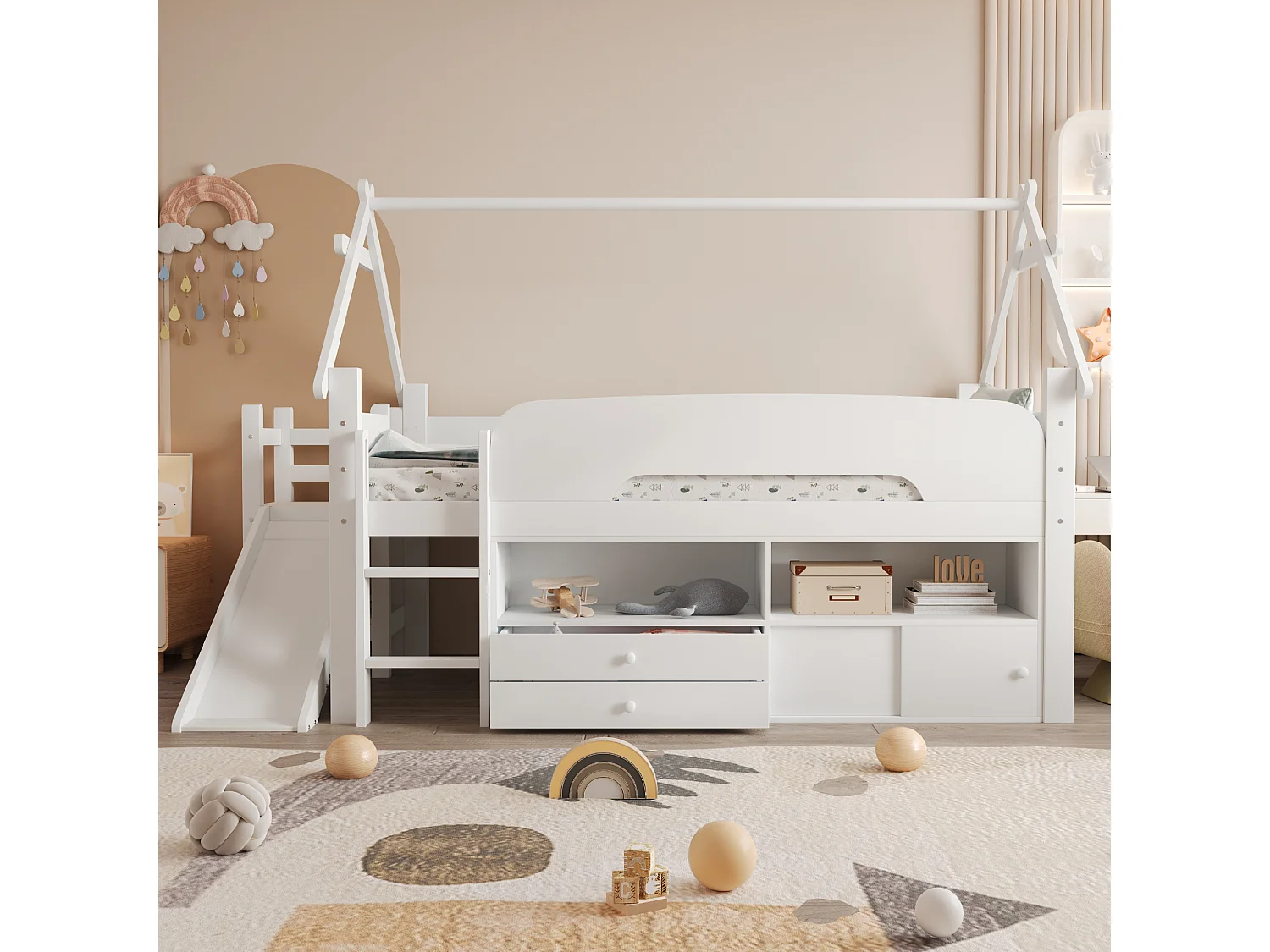 Lit mi-hauteur 90x200 cm avec toboggan et tiroirs - Lit cabane en bois Blanc