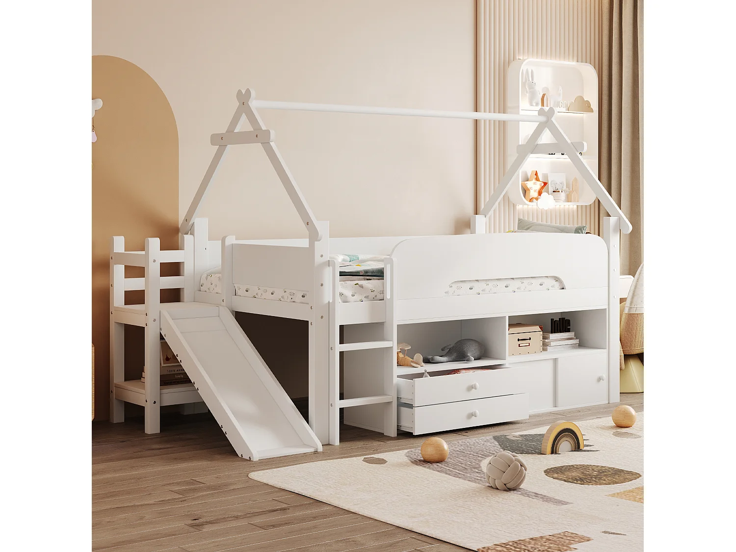 Lit mi-hauteur 90x200 cm avec toboggan et tiroirs - Lit cabane en bois Blanc