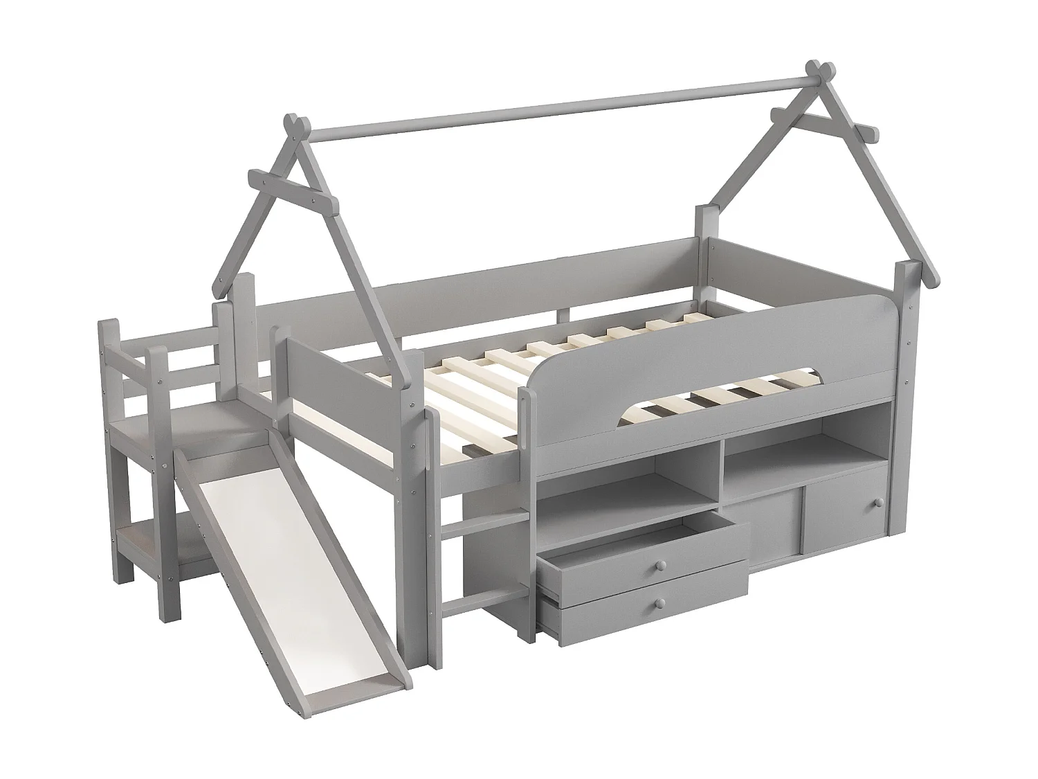 Lit mi-hauteur 90x200 cm avec toboggan et tiroirs - Lit cabane en bois gris