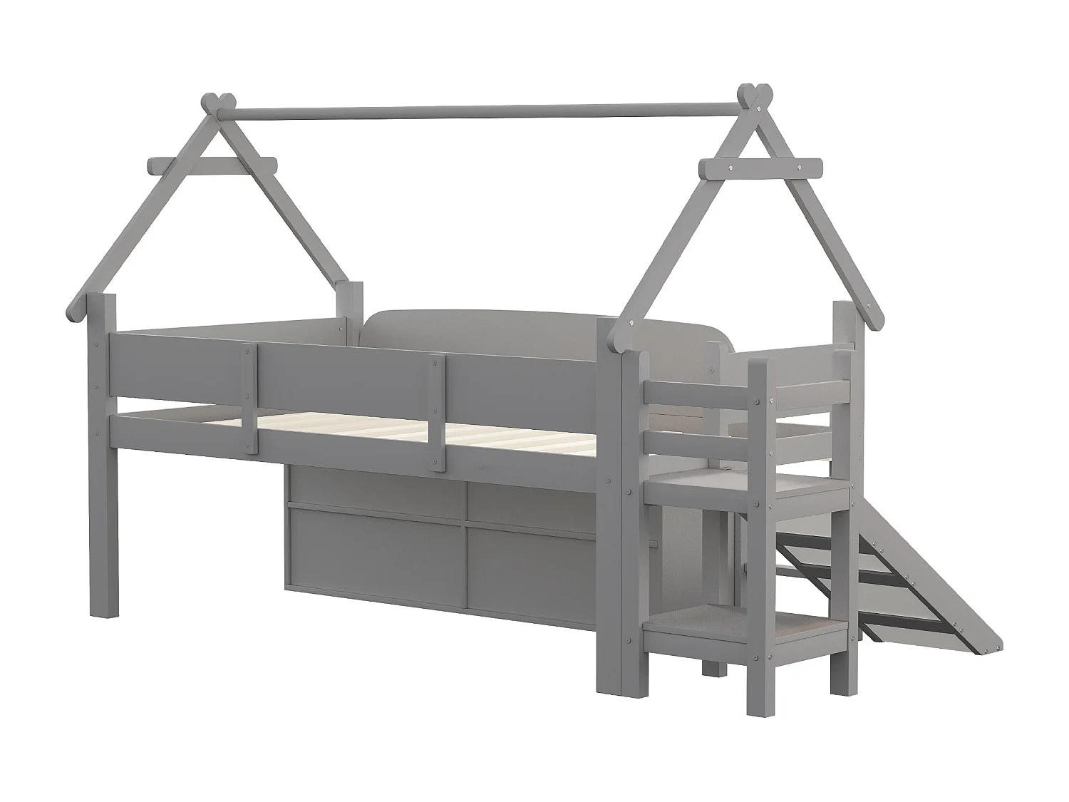 Lit mi-hauteur 90x200 cm avec toboggan et tiroirs - Lit cabane en bois gris