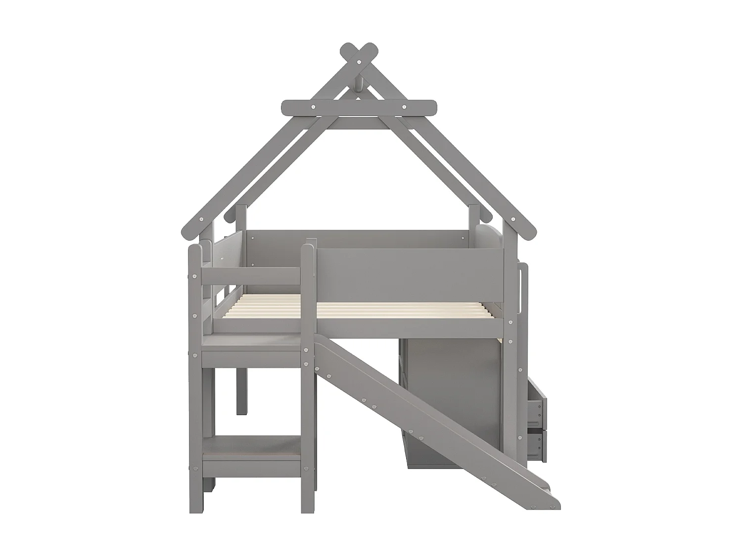 Lit mi-hauteur 90x200 cm avec toboggan et tiroirs - Lit cabane en bois gris