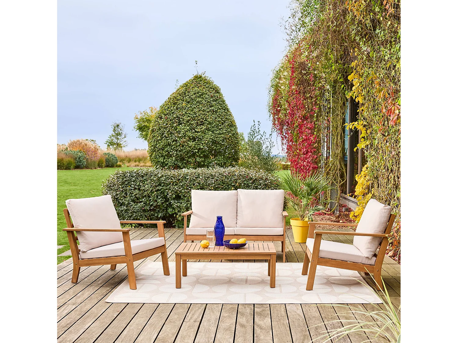 Salotto da giardino in legno di acacia, 4 posti, beige