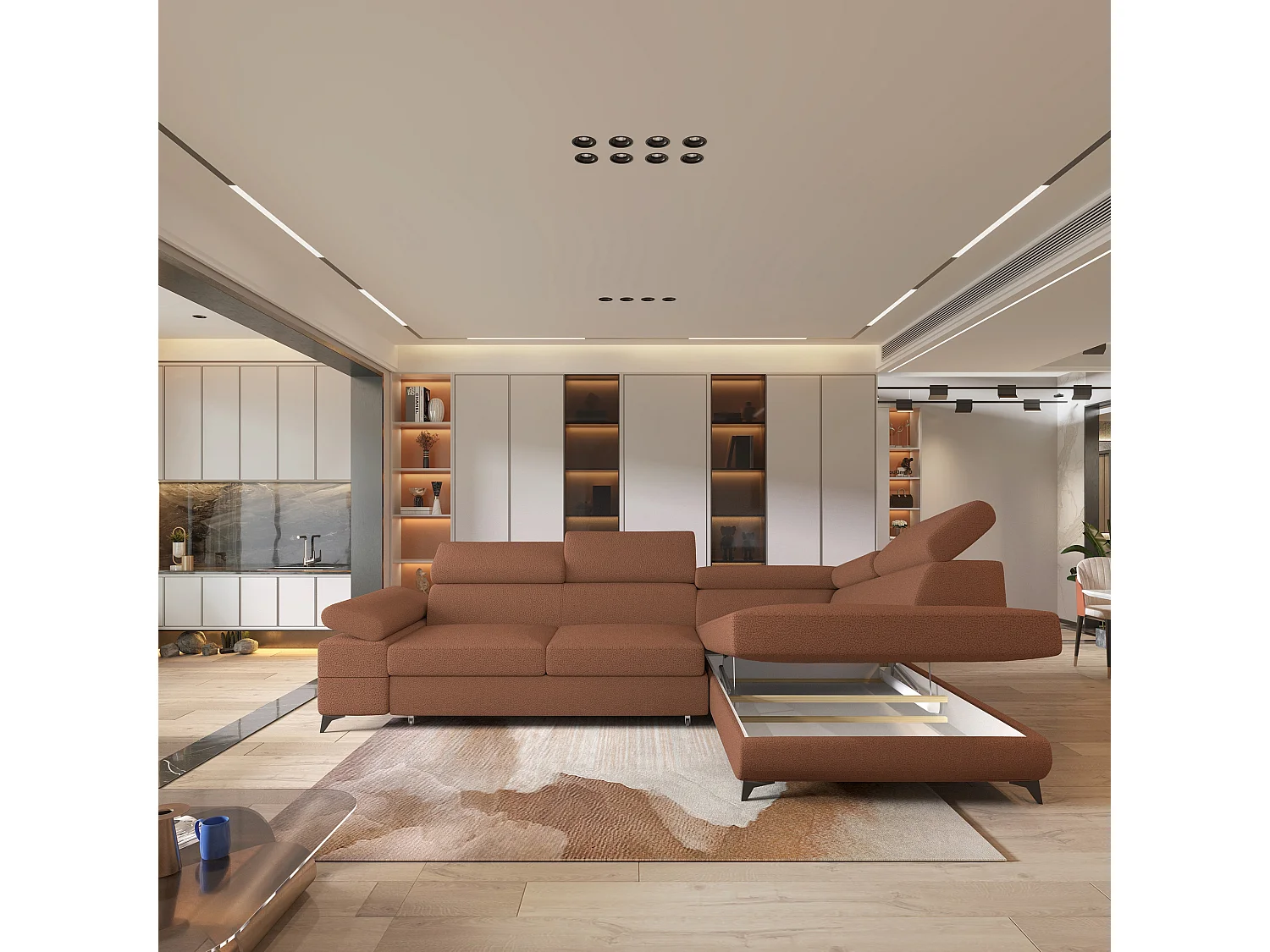 Hoekbank FAVIEN van fluweel met slaapfunctie Orange