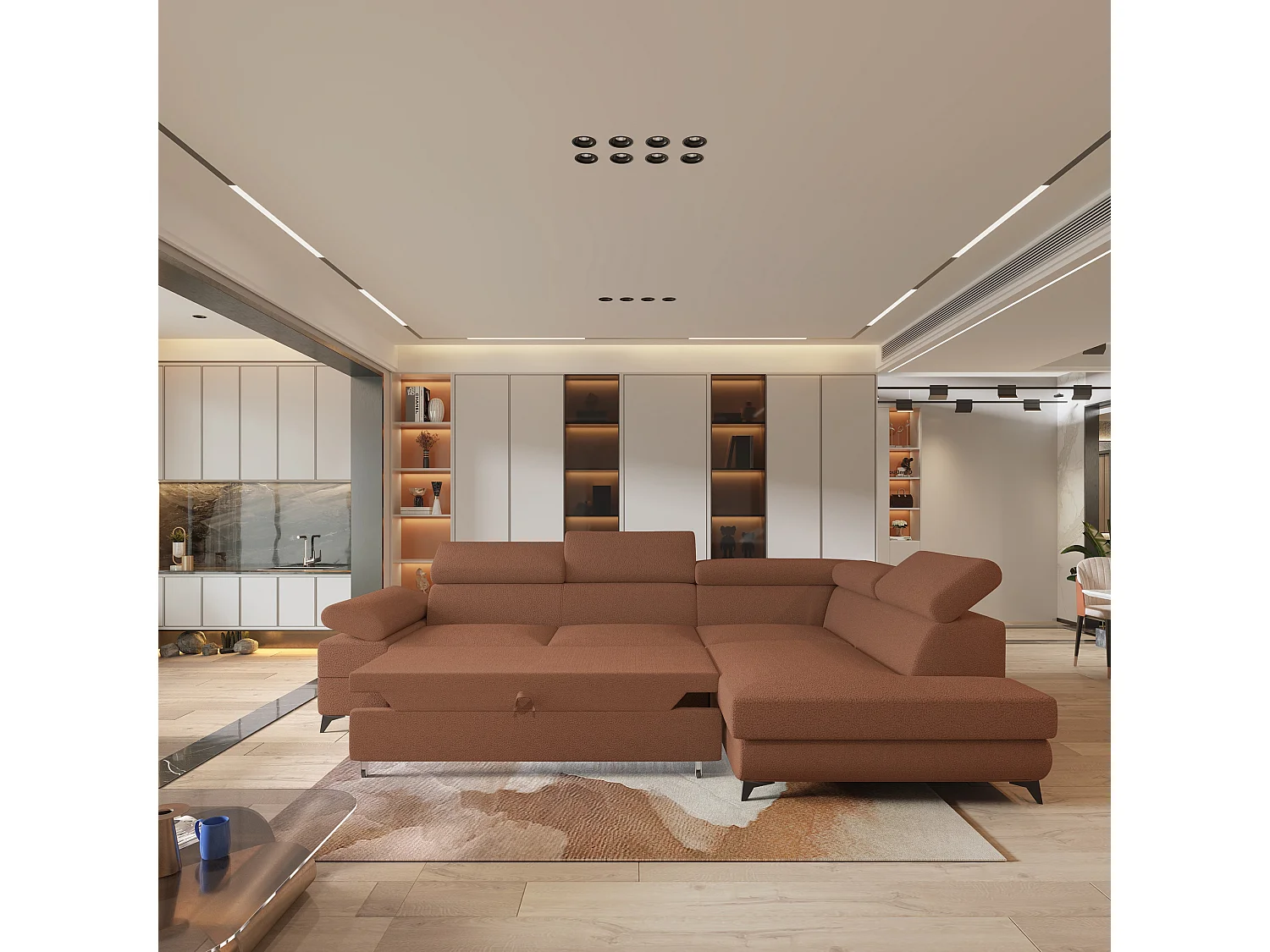 Hoekbank FAVIEN van fluweel met slaapfunctie Orange