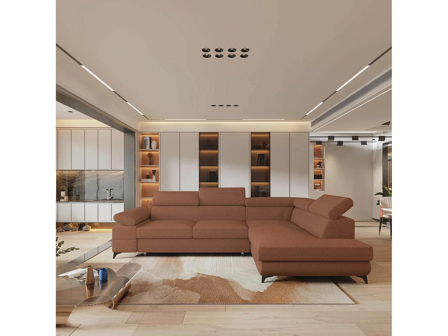 Hoekbank FAVIEN van fluweel met slaapfunctie Orange