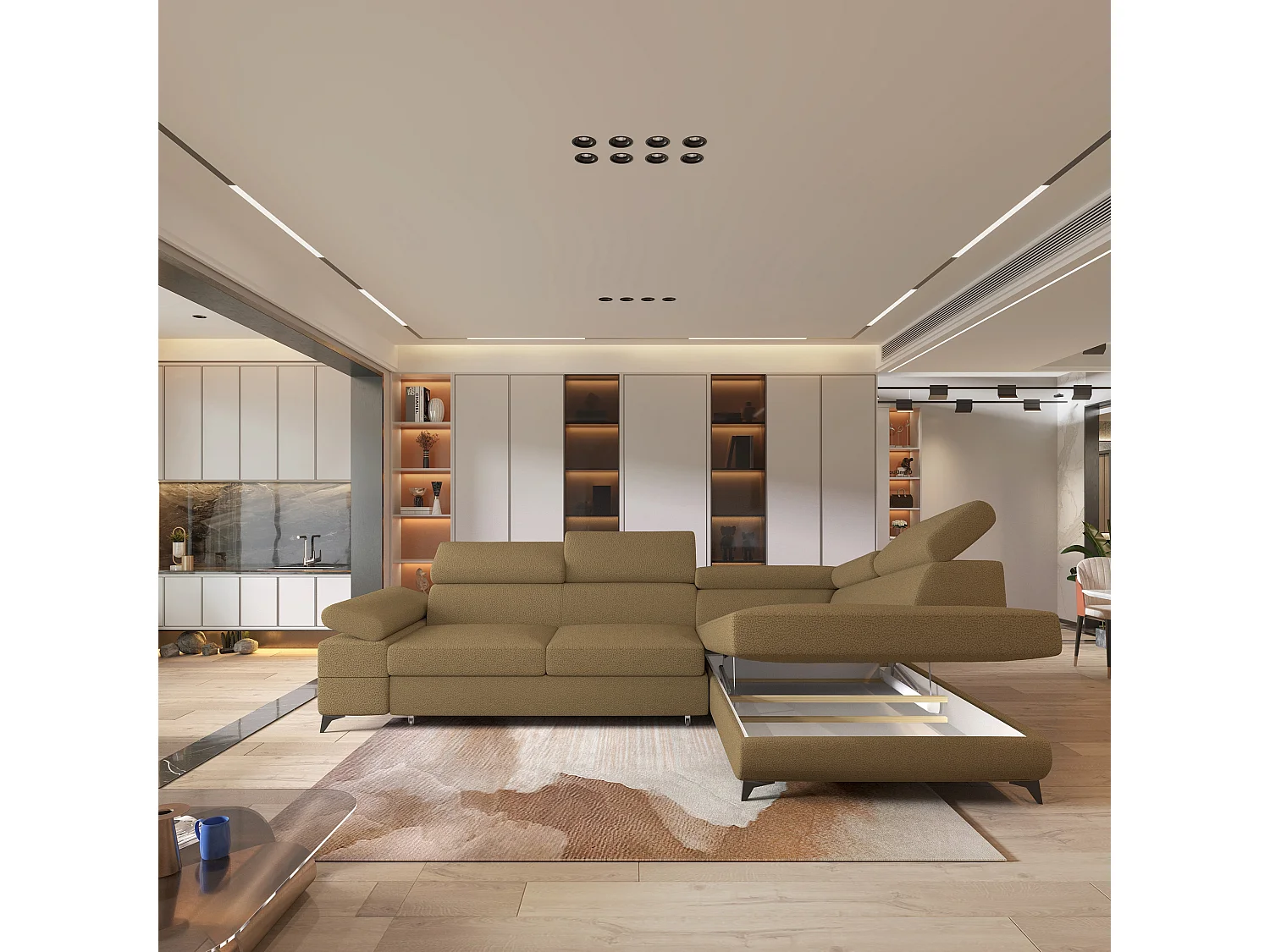 Hoekbank FAVIEN van fluweel met slaapfunctie Orange