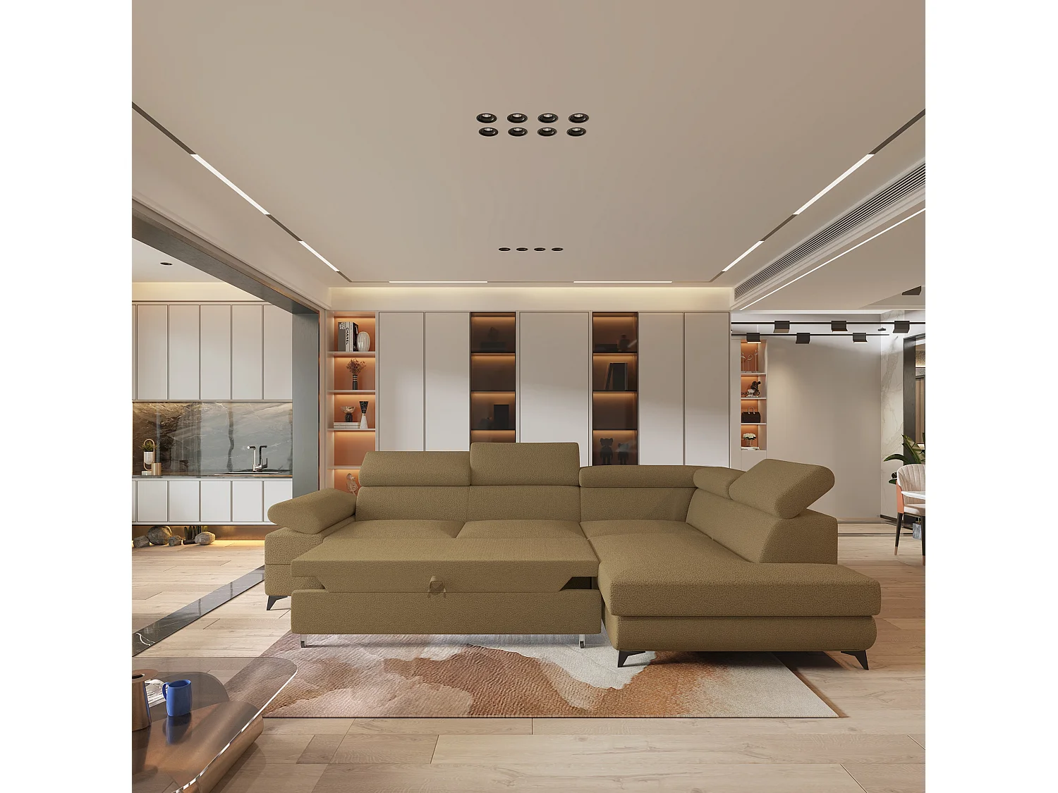 Hoekbank FAVIEN van fluweel met slaapfunctie Orange