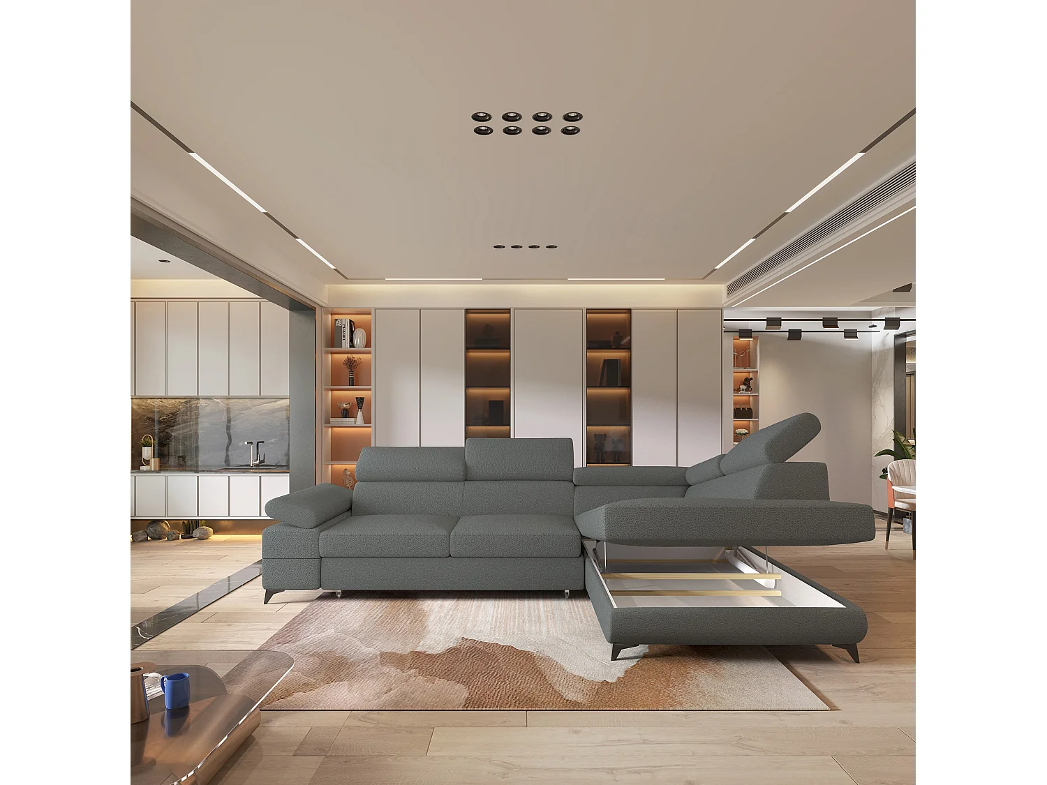 Hoekbank FAVIEN van fluweel met slaapfunctie Grau