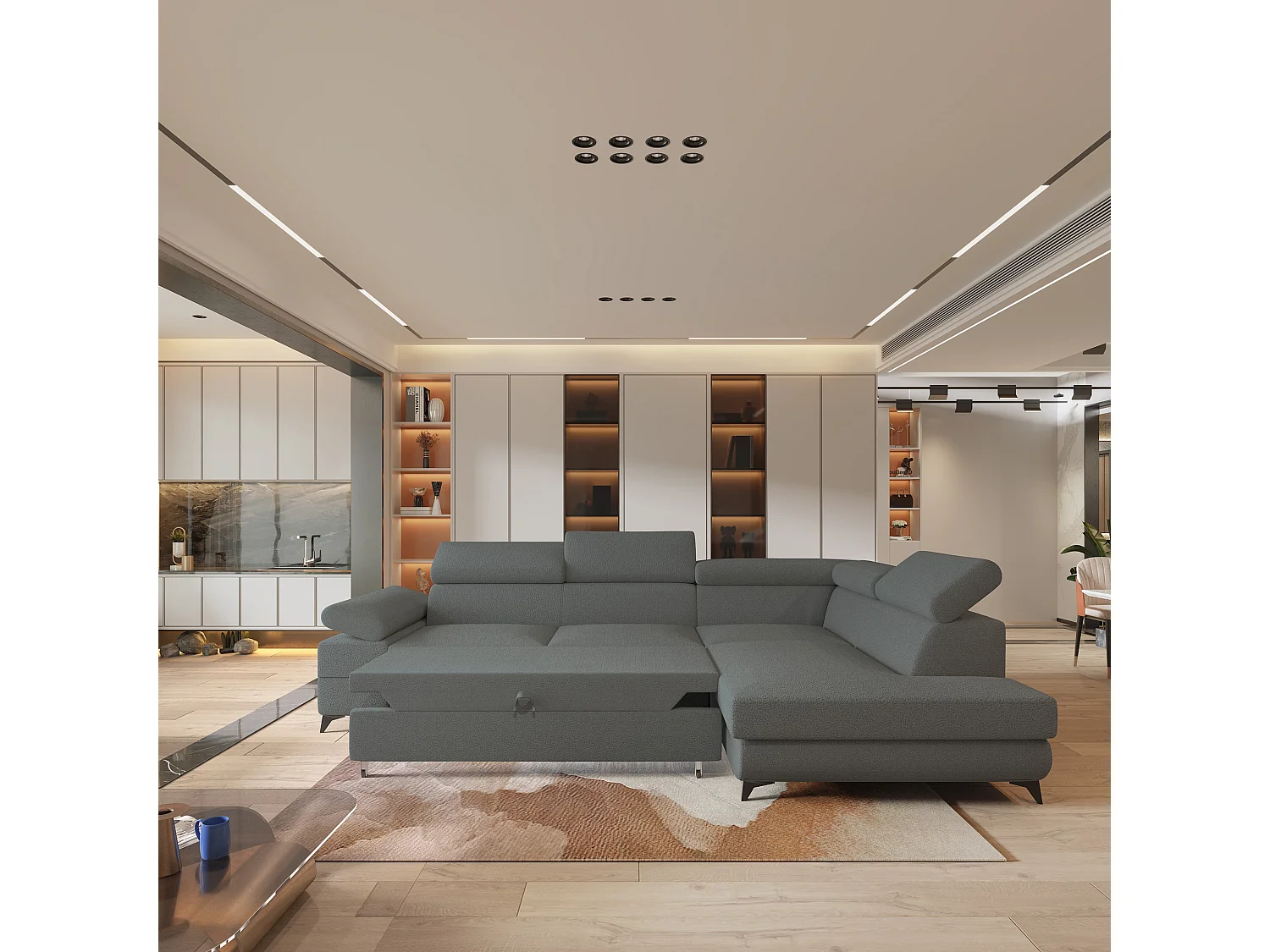 Hoekbank FAVIEN van fluweel met slaapfunctie Grau