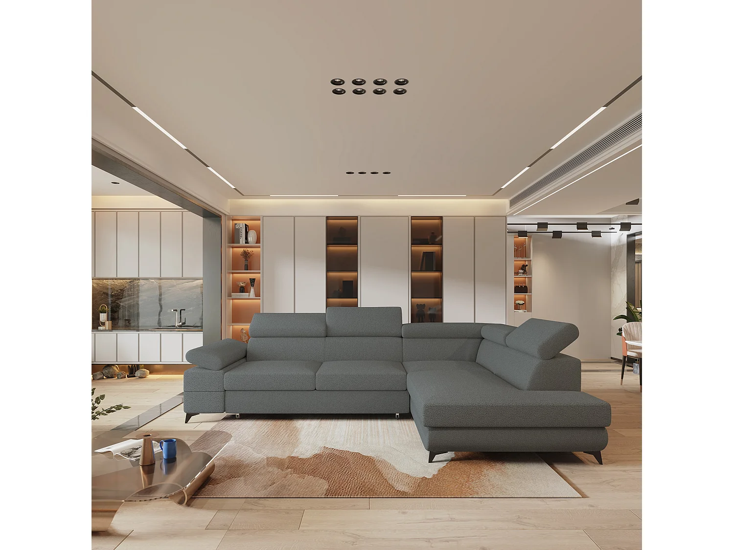 Hoekbank FAVIEN van fluweel met slaapfunctie Grau