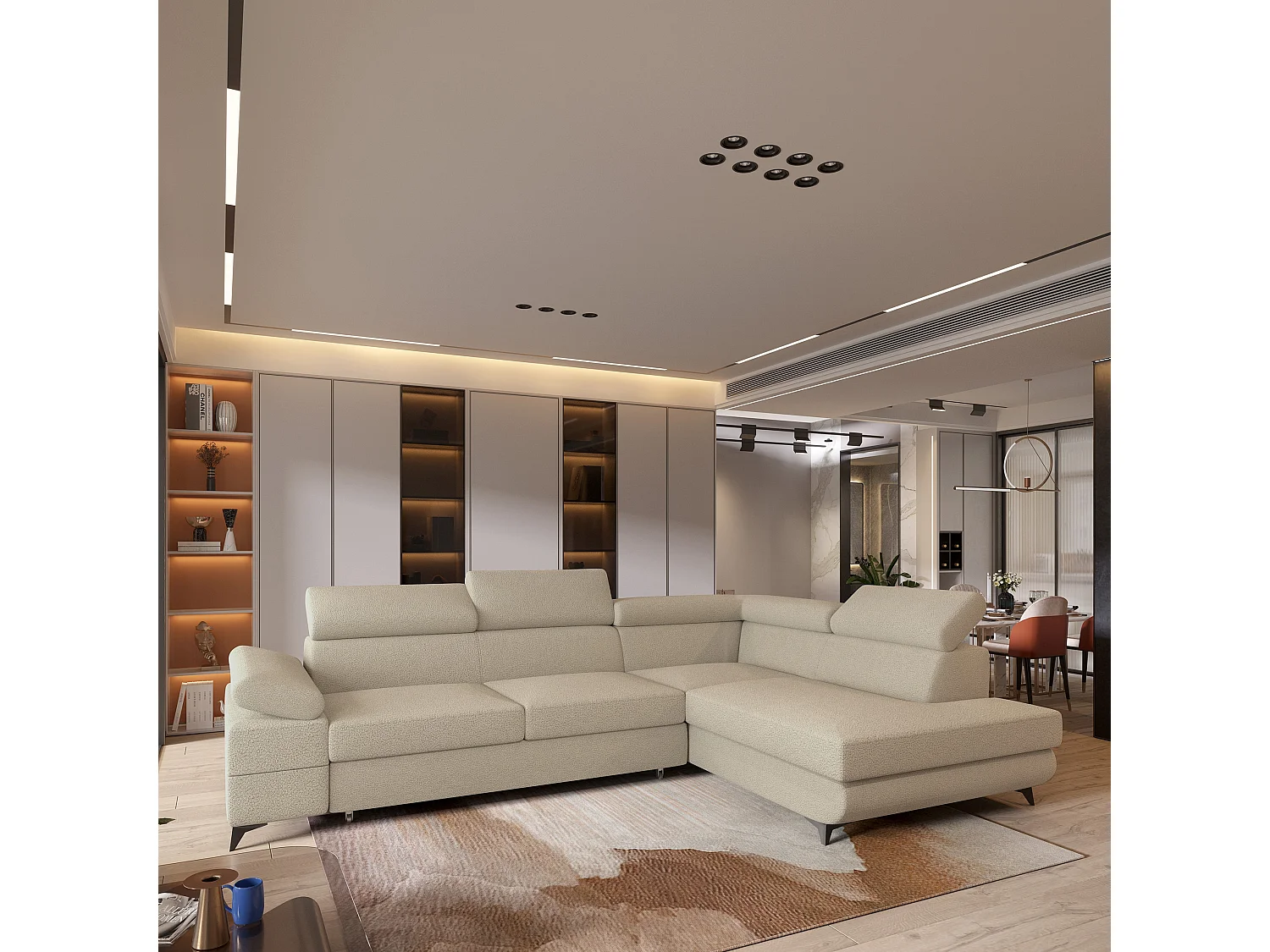 Hoekbank FAVIEN van fluweel met slaapfunctie Beige