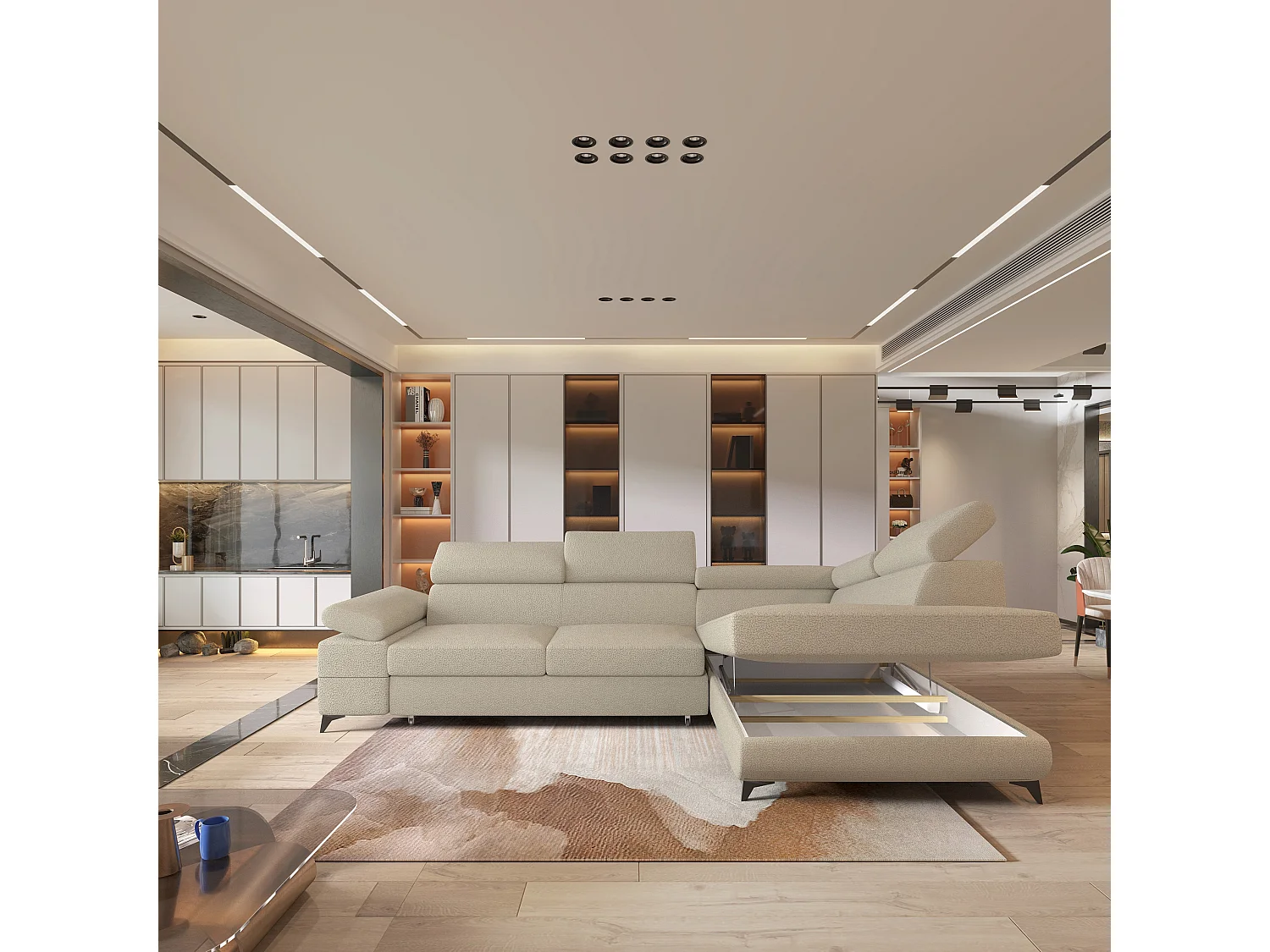 Hoekbank FAVIEN van fluweel met slaapfunctie Beige