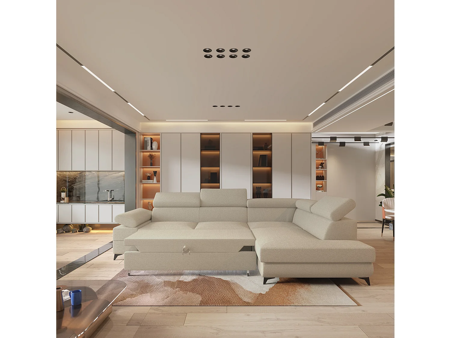 Hoekbank FAVIEN van fluweel met slaapfunctie Beige