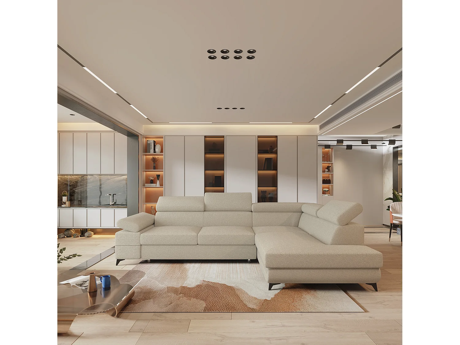 Hoekbank FAVIEN van fluweel met slaapfunctie Beige