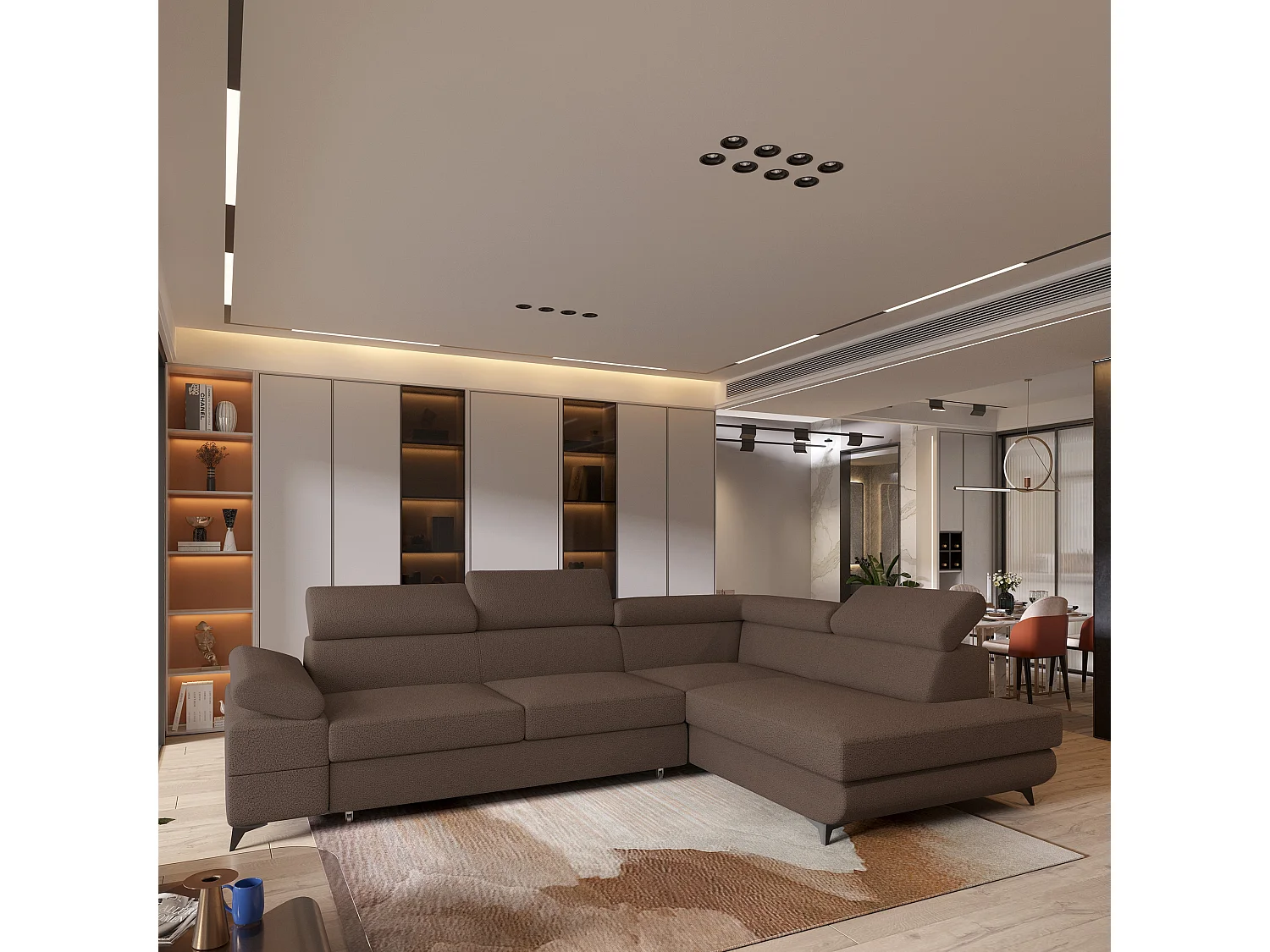 Hoekbank FAVIEN van fluweel met slaapfunctie Braun