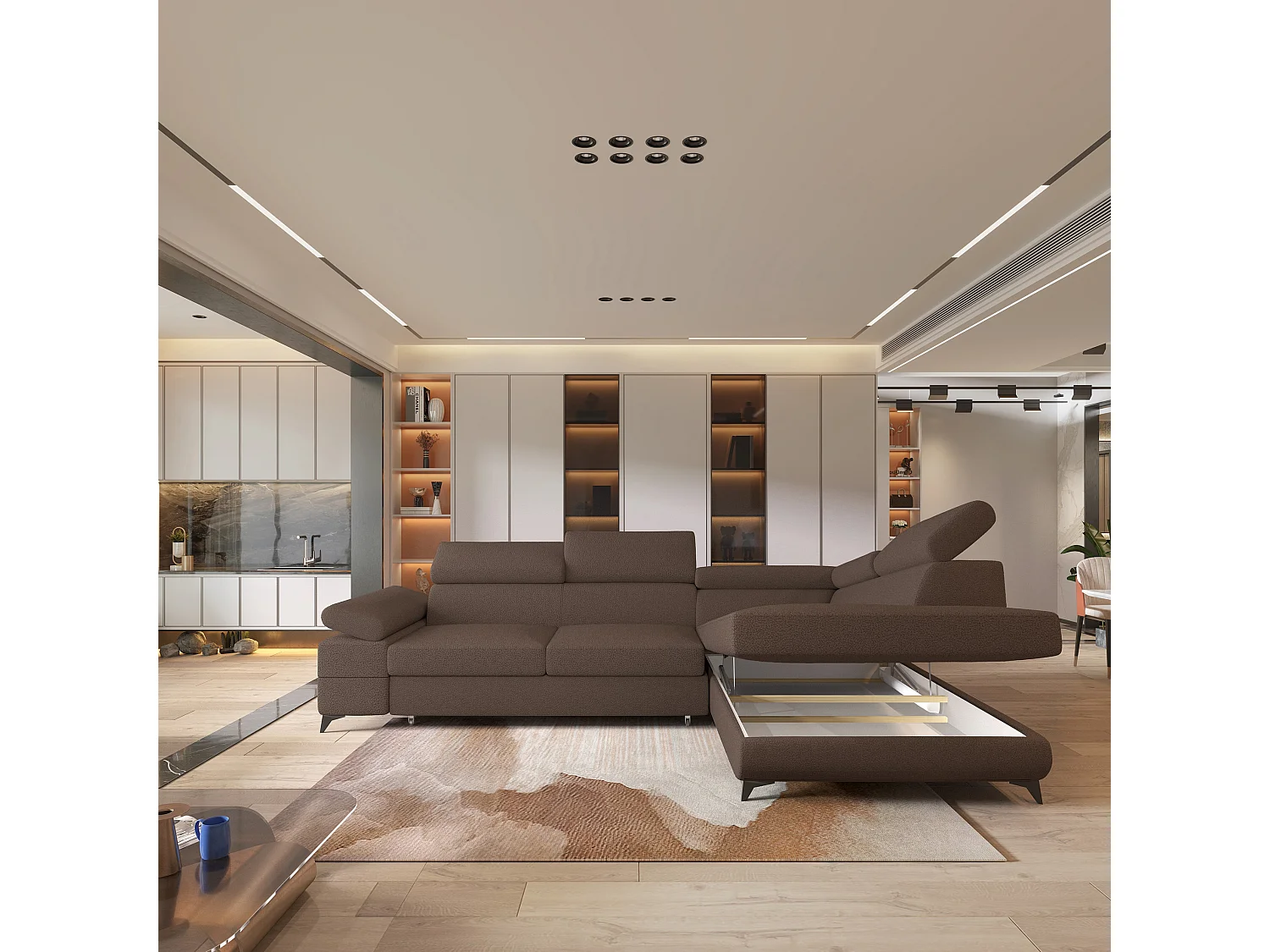 Hoekbank FAVIEN van fluweel met slaapfunctie Braun