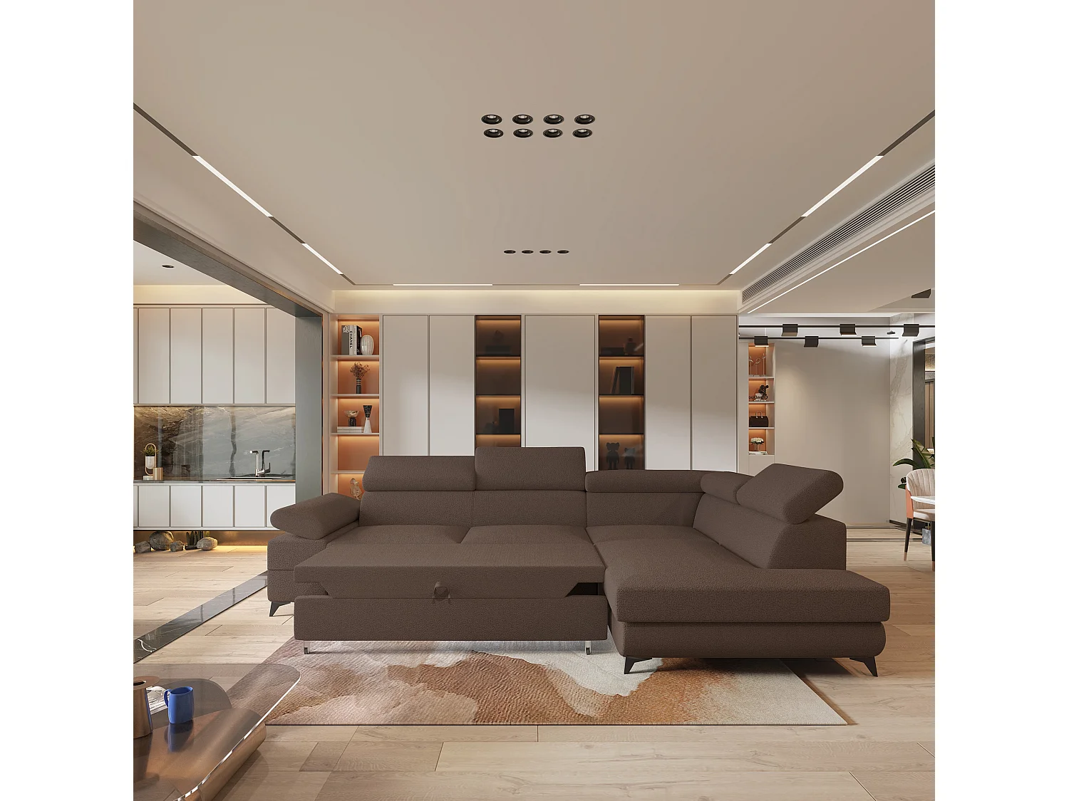 Hoekbank FAVIEN van fluweel met slaapfunctie Braun