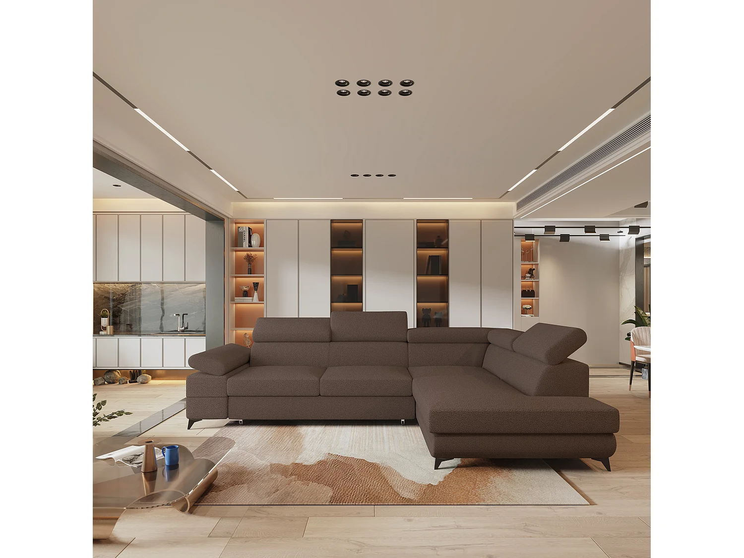 Hoekbank FAVIEN van fluweel met slaapfunctie Braun