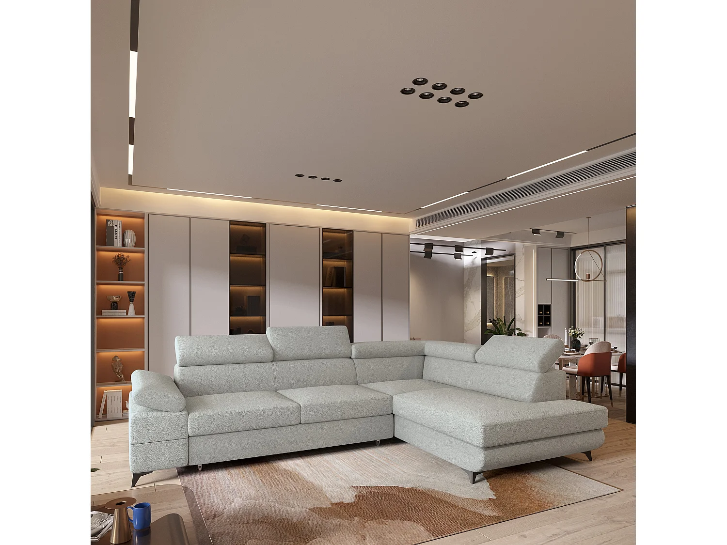 Hoekbank FAVIEN van fluweel met slaapfunctie Hellgrau