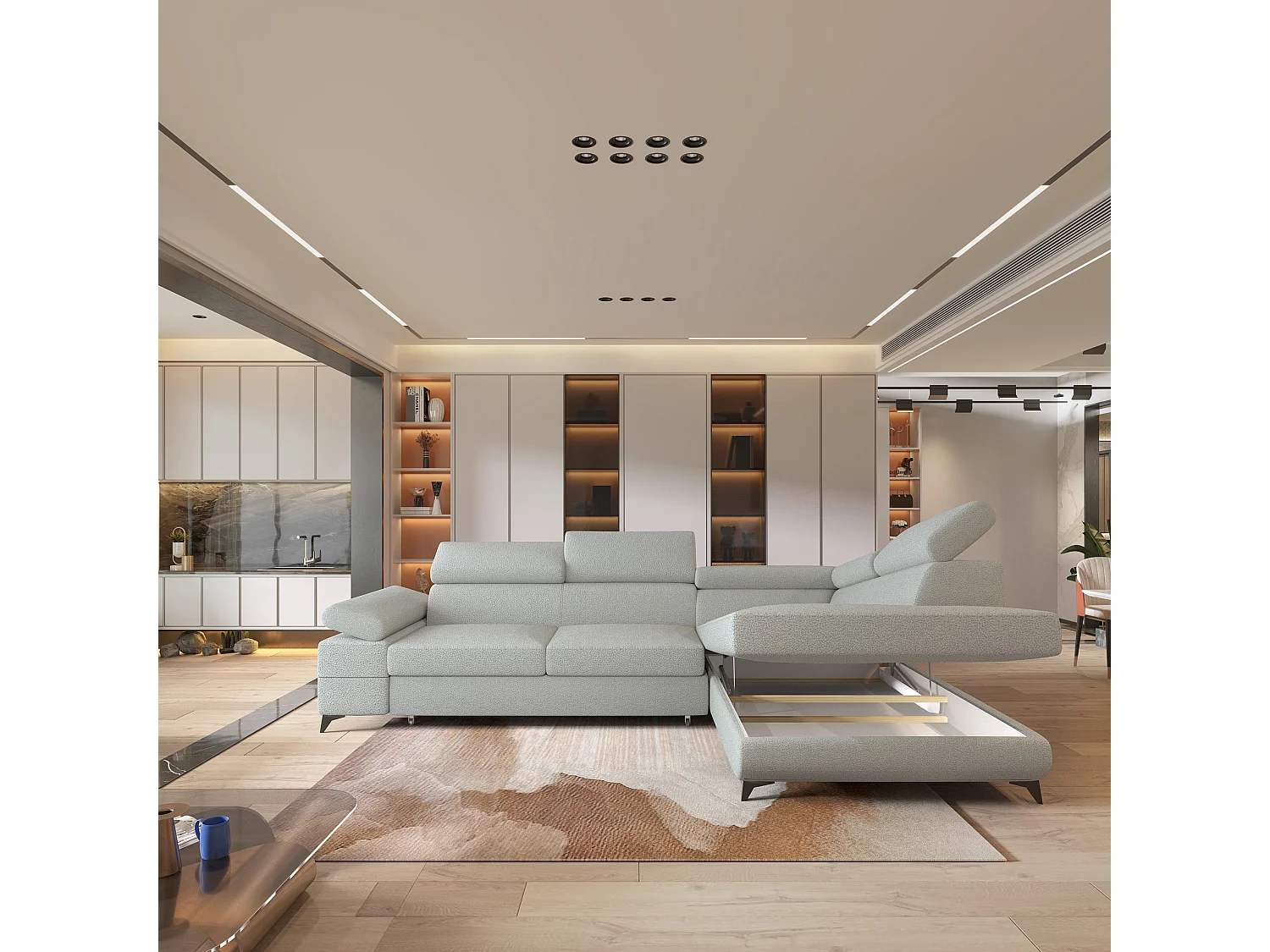 Hoekbank FAVIEN van fluweel met slaapfunctie Hellgrau