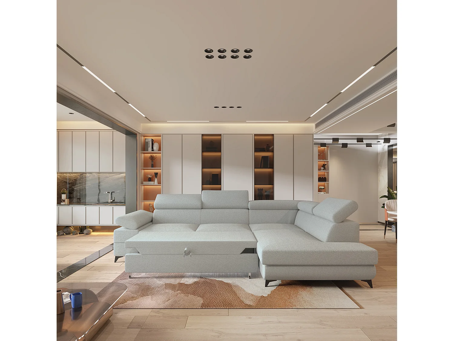 Hoekbank FAVIEN van fluweel met slaapfunctie Hellgrau