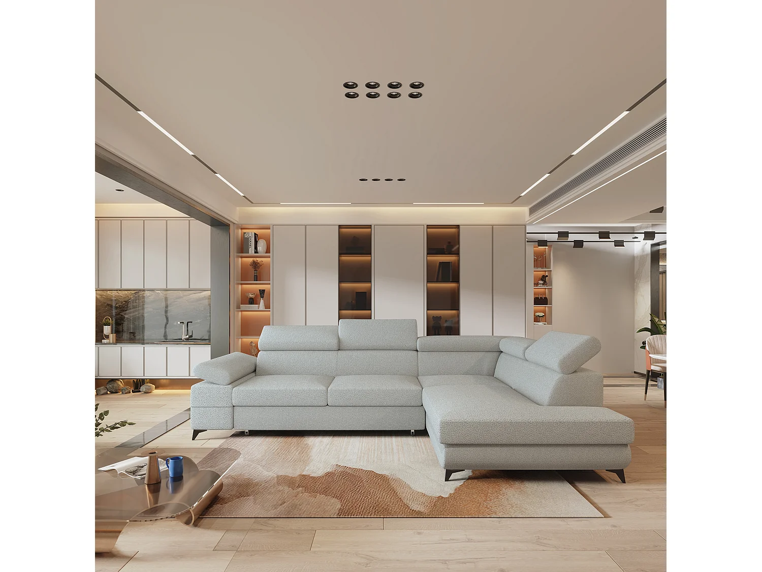 Hoekbank FAVIEN van fluweel met slaapfunctie Hellgrau