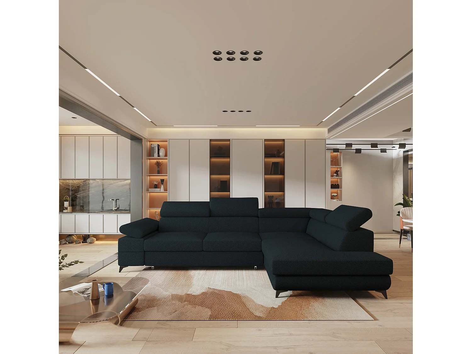 Hoekbank FAVIEN van fluweel met slaapfunctie Schwarz