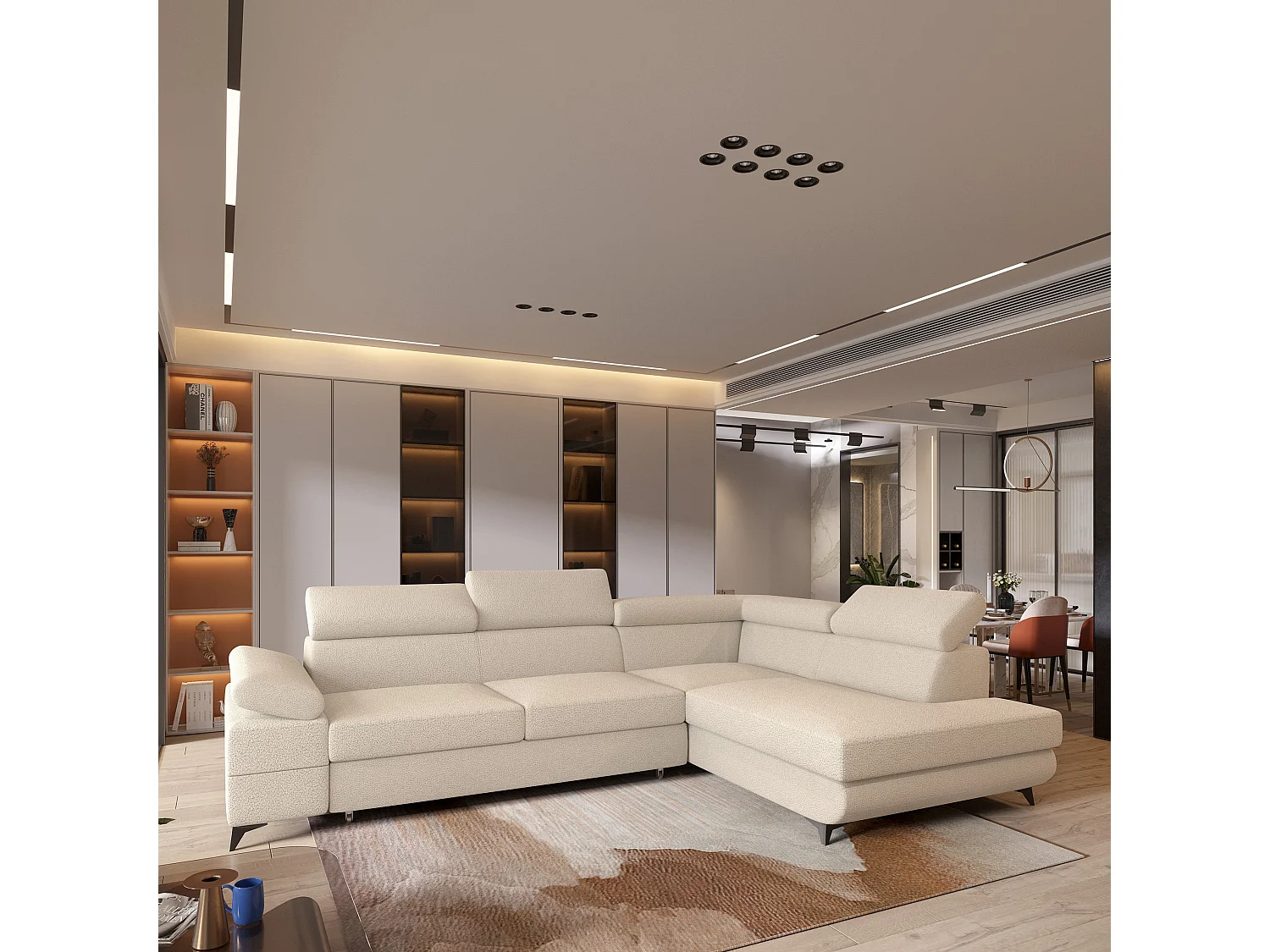 Hoekbank FAVIEN van fluweel met slaapfunctie Creme