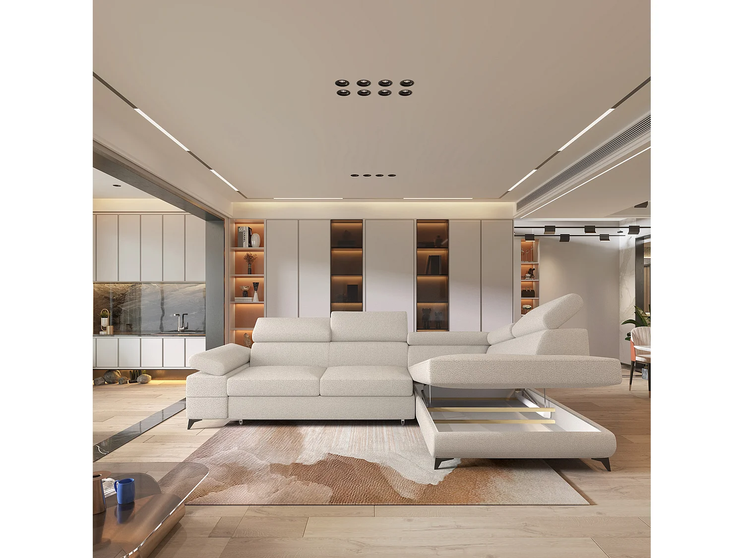 Hoekbank FAVIEN van fluweel met slaapfunctie Creme