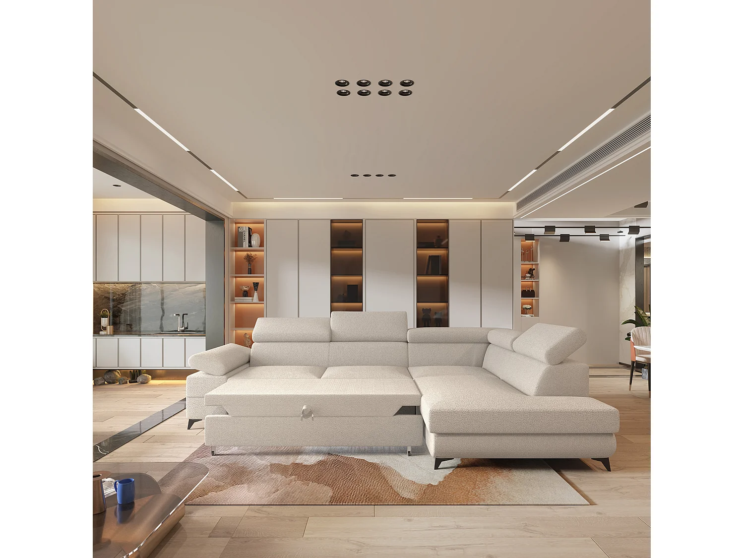 Hoekbank FAVIEN van fluweel met slaapfunctie Creme