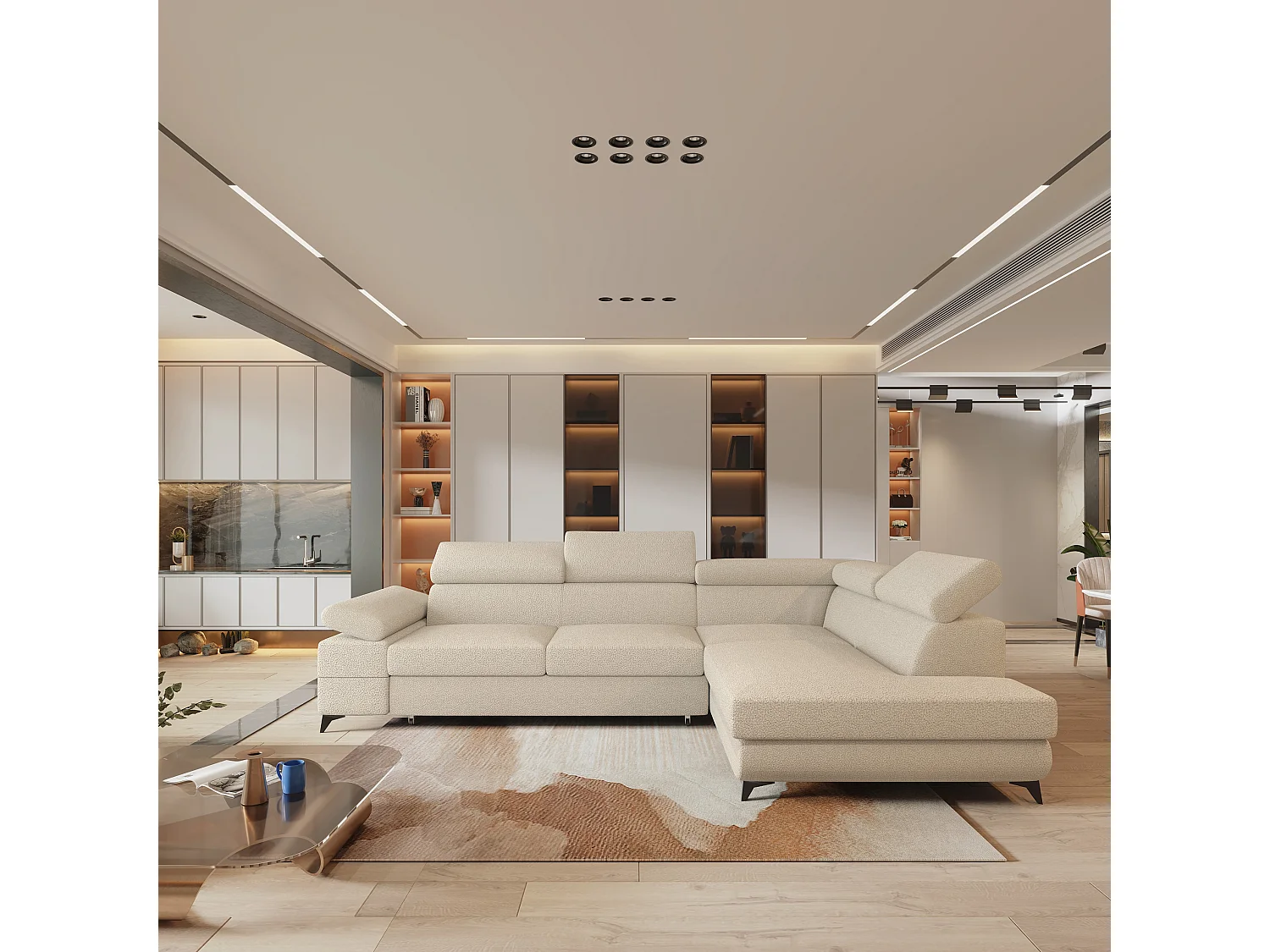 Hoekbank FAVIEN van fluweel met slaapfunctie Creme