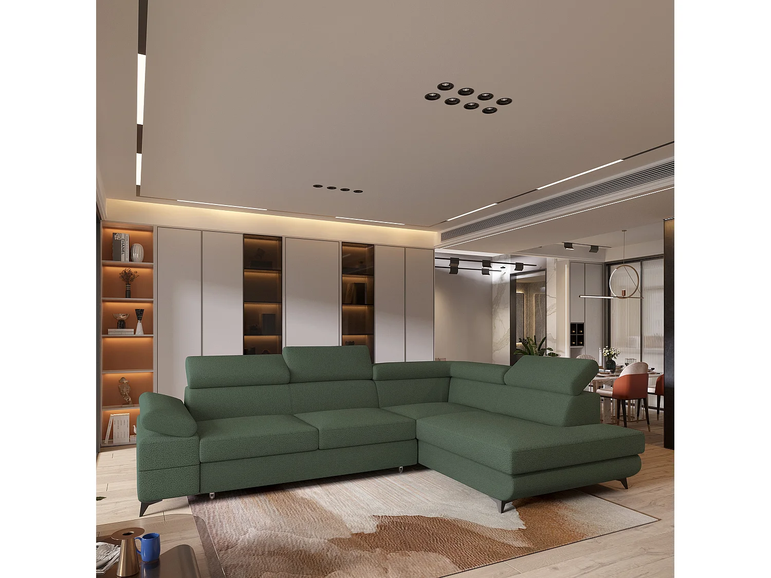 Hoekbank FAVIEN van fluweel met slaapfunctie Grün