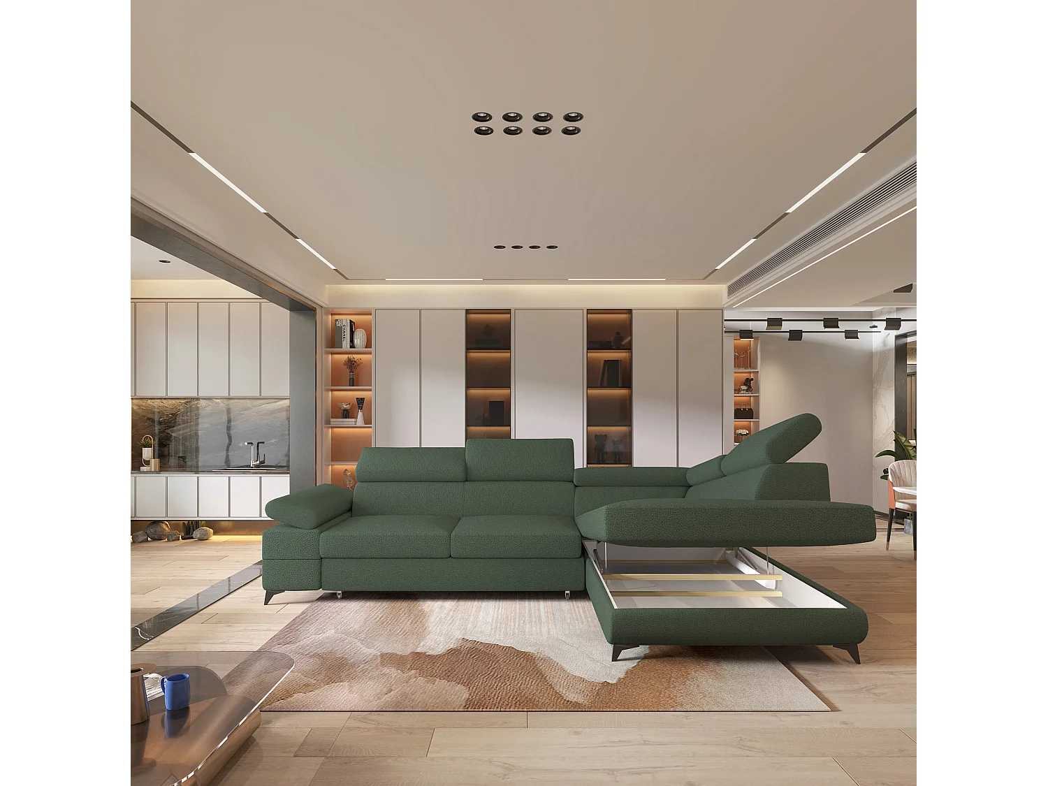 Hoekbank FAVIEN van fluweel met slaapfunctie Grün