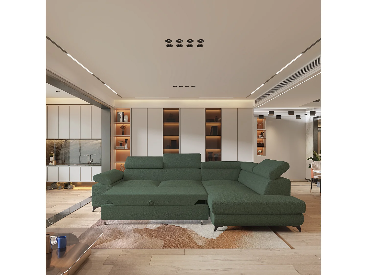 Hoekbank FAVIEN van fluweel met slaapfunctie Grün