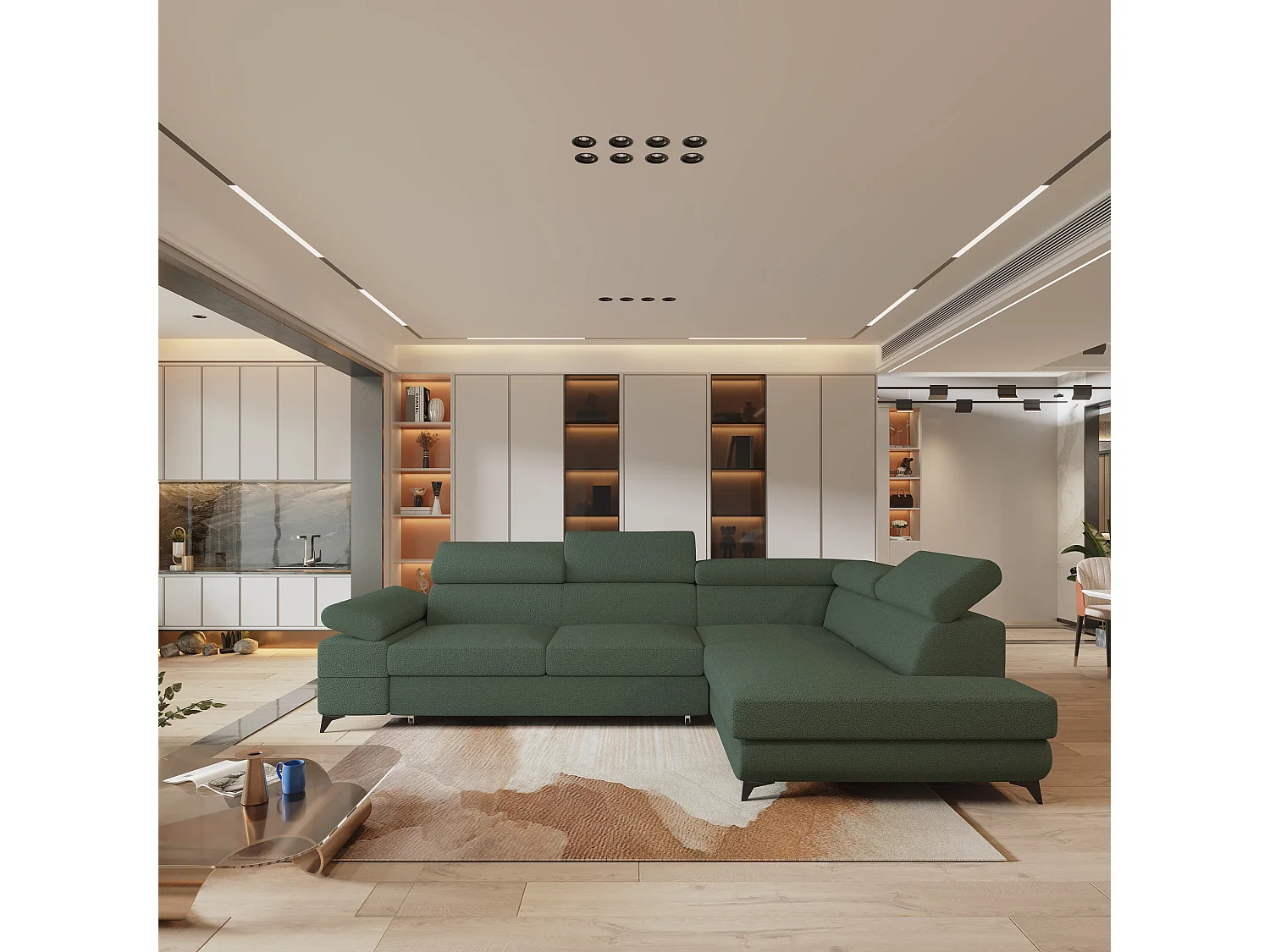 Hoekbank FAVIEN van fluweel met slaapfunctie Grün