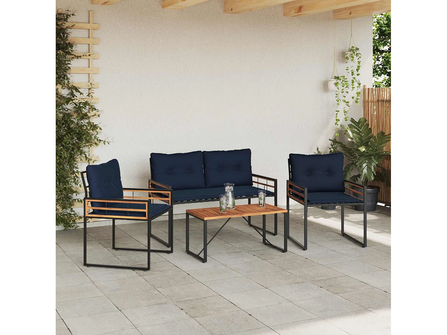 Ensemble de meubles d'extérieur avec coussin 4 pièces Bleu marine