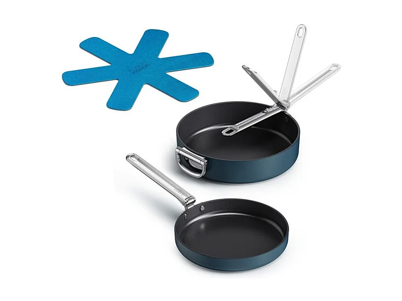 Set de 2 poêles antiadhésives Space Folding Handle Ceramic Non-stick Joseph Joseph, gain de place, poignées pliables, compatibles induction, bleu.