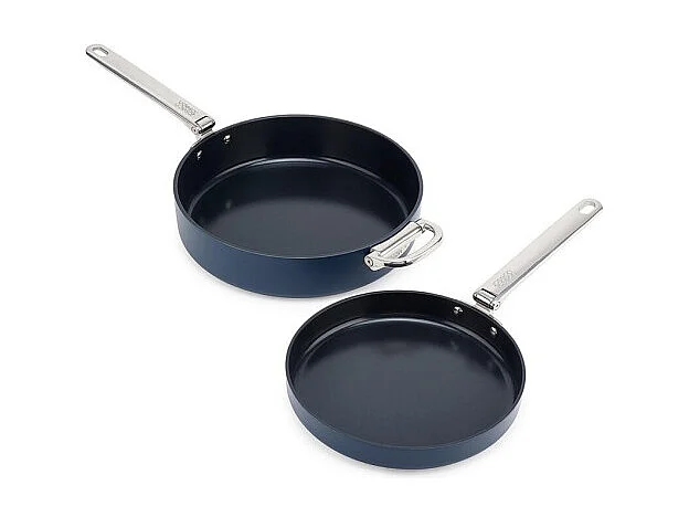 Set de 2 poêles antiadhésives Space Folding Handle Ceramic Non-stick Joseph Joseph, gain de place, poignées pliables, compatibles induction, bleu.