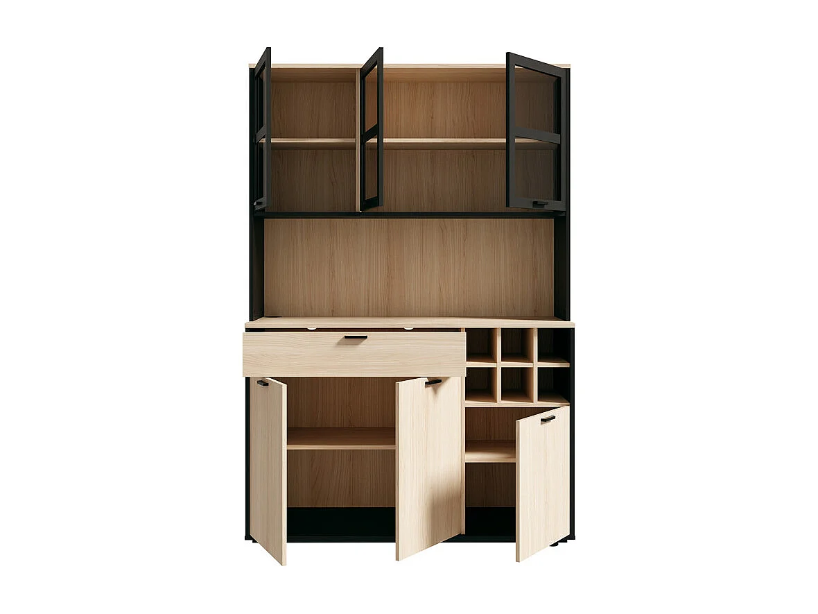 Vaisselier portes vitrées et tiroir décor bois clair et éclairage LED - KEMA