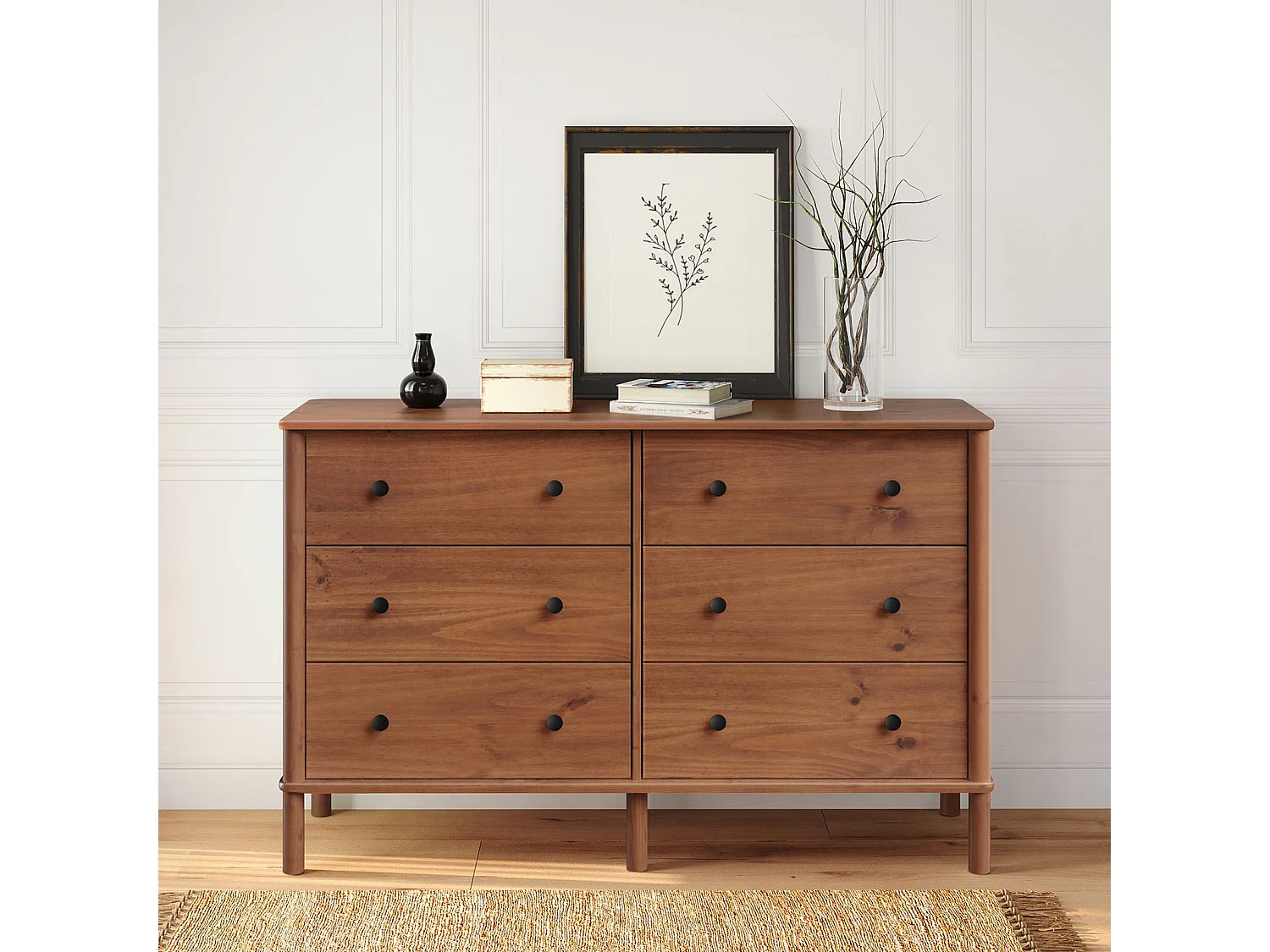 Commode chambre APOANA L 132 cm 6 tiroirs en bois massif coloris châtaignier, meuble de rangement pour vêtements