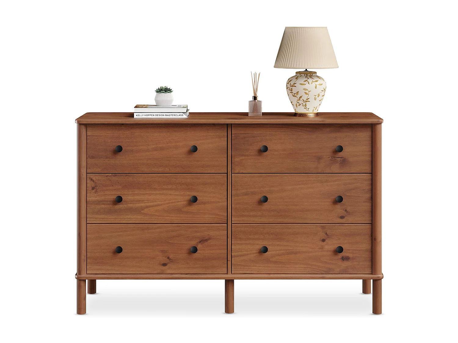 Commode chambre APOANA L 132 cm 6 tiroirs en bois massif coloris châtaignier, meuble de rangement pour vêtements