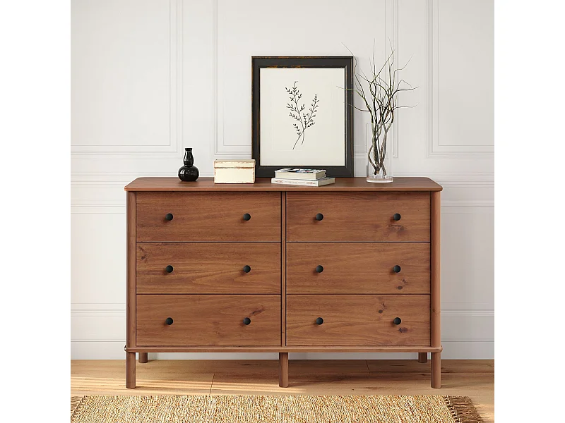 Commode chambre APOANA L 132 cm 6 tiroirs en bois massif coloris châtaignier, meuble de rangement pour vêtements