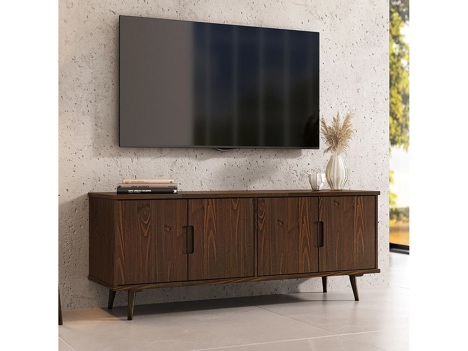 Meuble TV TIVOLI L 153 cm 4 Portes, en Bois Massif Couleur Noyer, Meuble Télé avec Rangement, Style Vintage