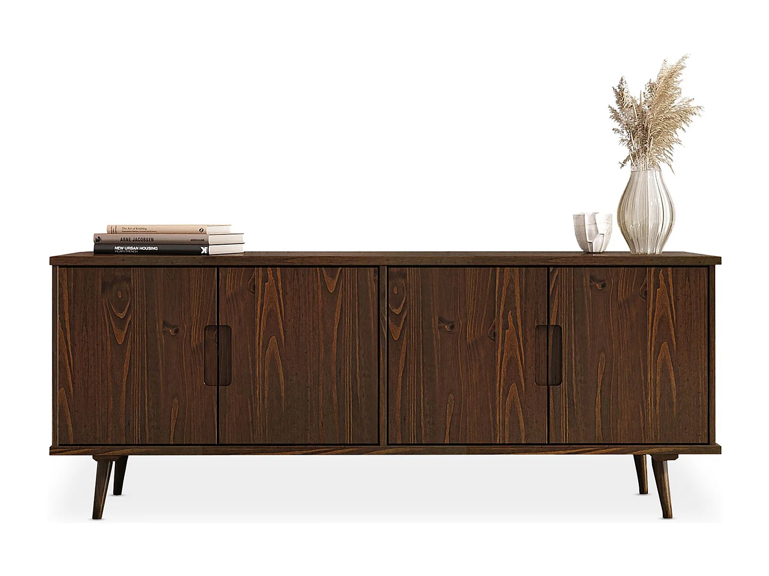 Meuble TV TIVOLI L 153 cm 4 Portes, en Bois Massif Couleur Noyer, Meuble Télé avec Rangement, Style Vintage