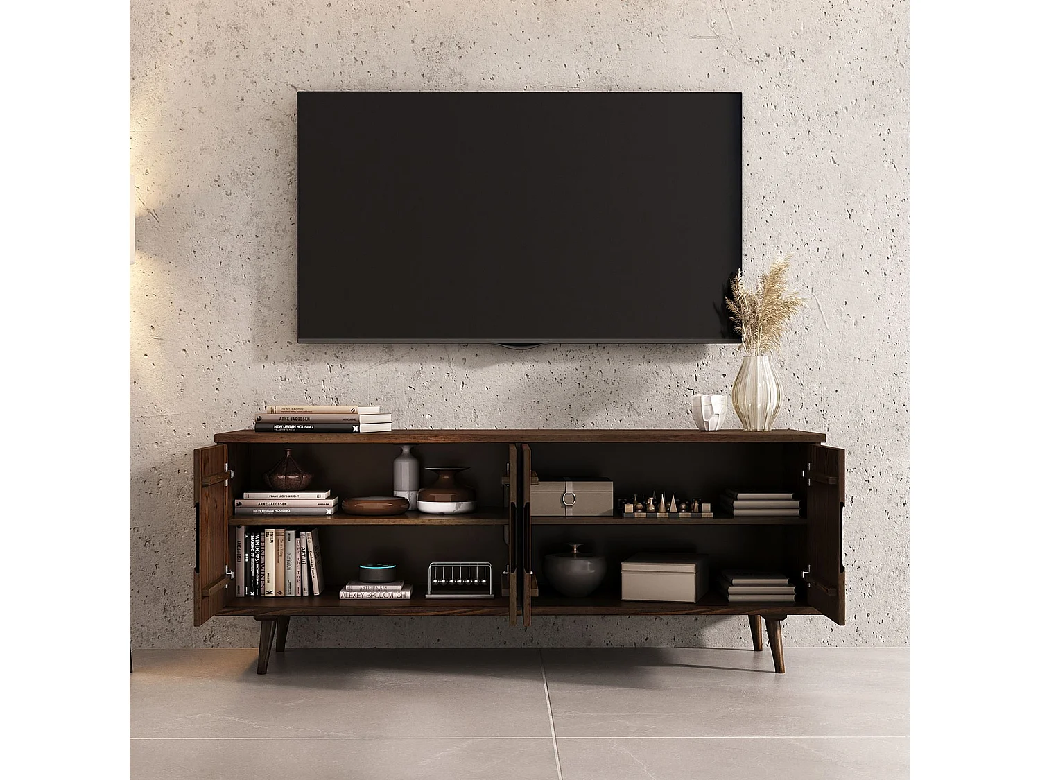 Meuble TV TIVOLI L 153 cm 4 Portes, en Bois Massif Couleur Noyer, Meuble Télé avec Rangement, Style Vintage