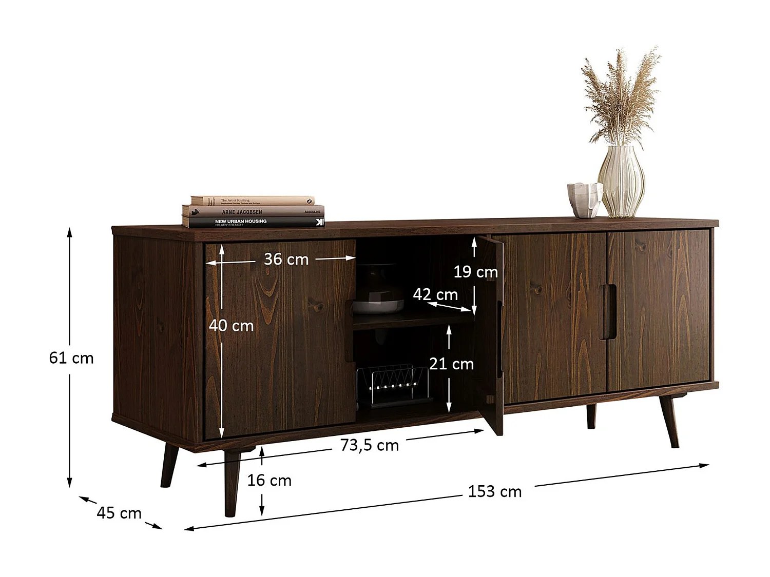 Meuble TV TIVOLI L 153 cm 4 Portes, en Bois Massif Couleur Noyer, Meuble Télé avec Rangement, Style Vintage